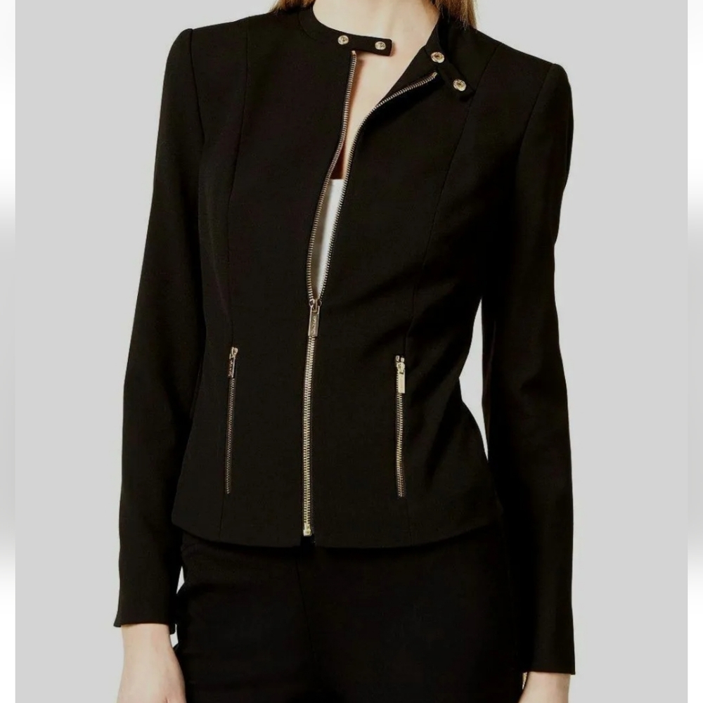 Calvin Klein sleek/chic moto jacket     w/edgy exposed zipper details.   Sz 16